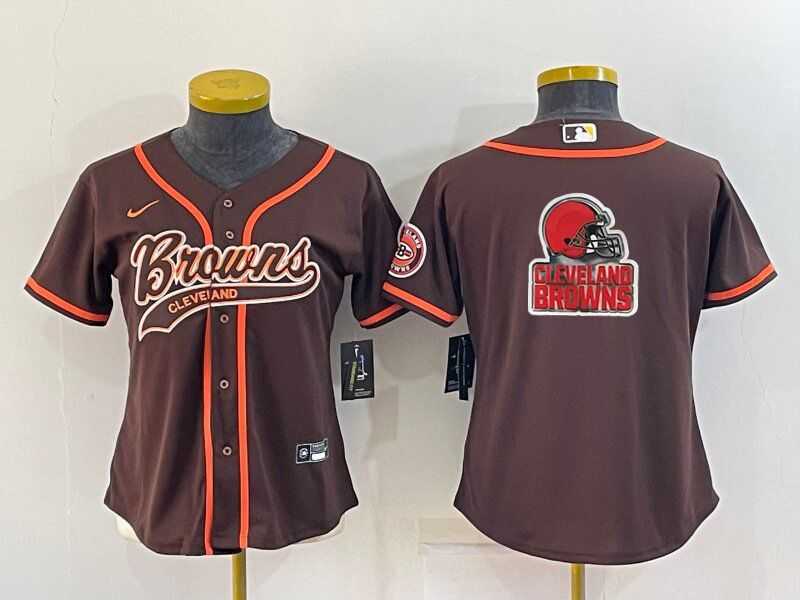 Women%27s Cleveland Browns Brown Team Big Logo With Patch Cool Base Stitched Baseball Jersey